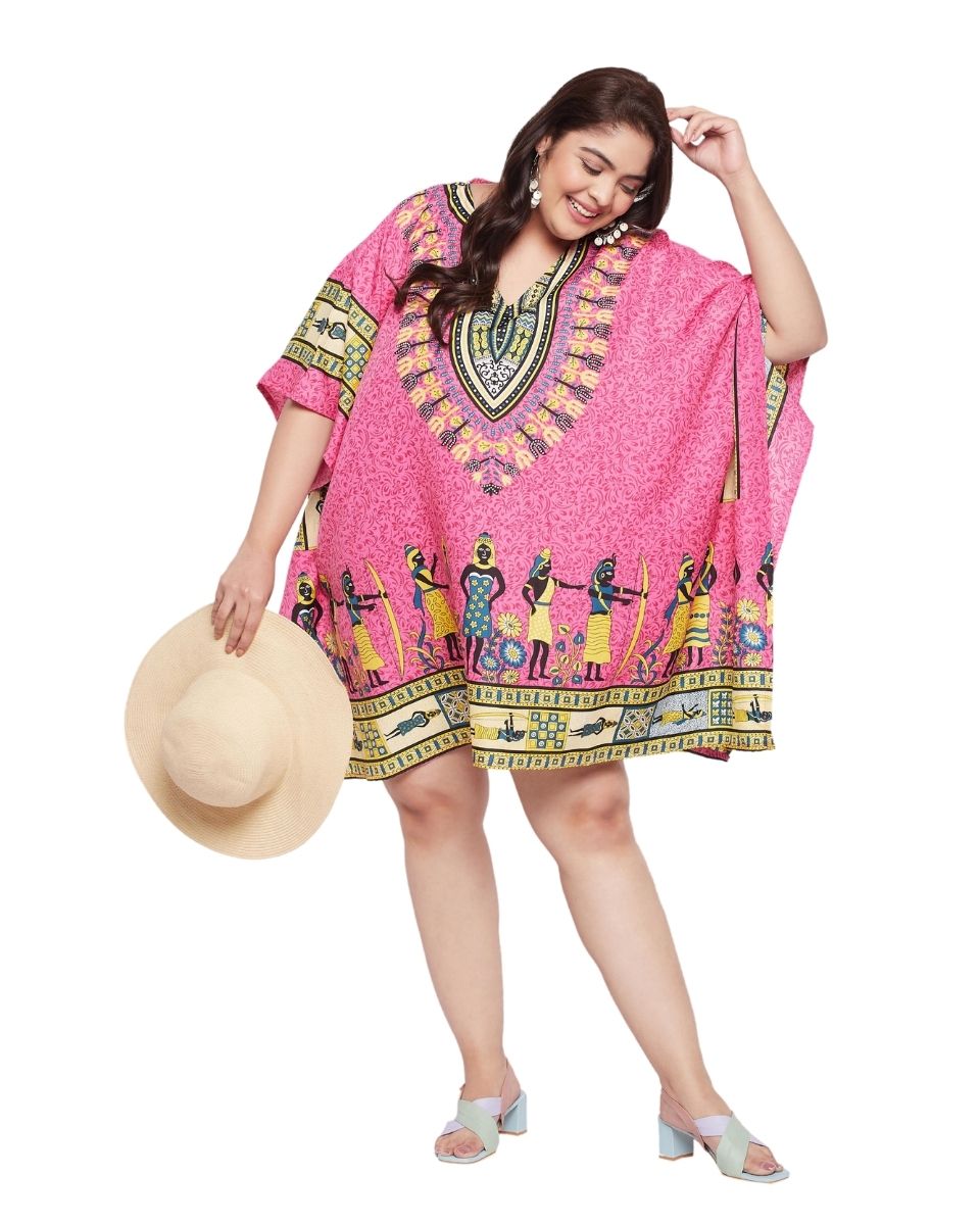 Pink Tunic Tribal Printed Polyester Top For Plus Size Women