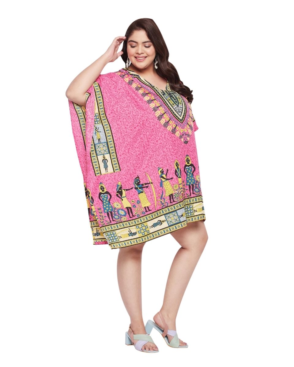 Tribal Printed Pink Polyester Tunic Top for Women