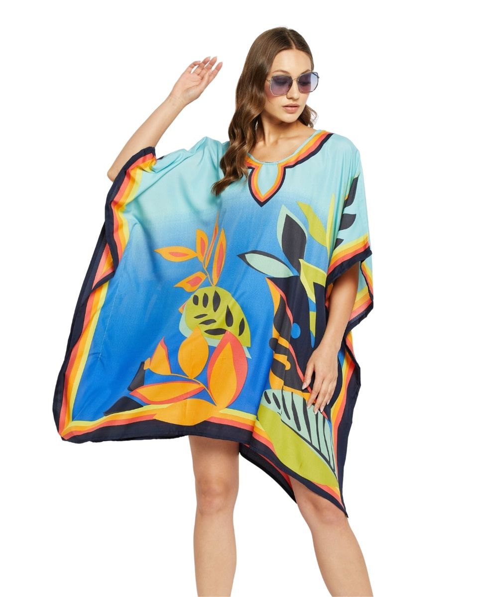 Leaf Printed Multicolor Polyester Tunic Plus Size Dress Top For Women