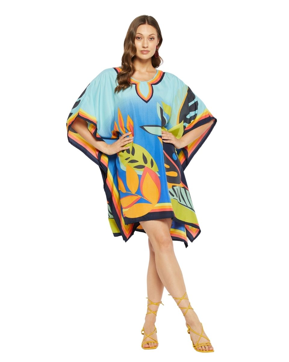 Leaf Printed Multicolor Polyester Tunic Plus Size Dress Top For Women