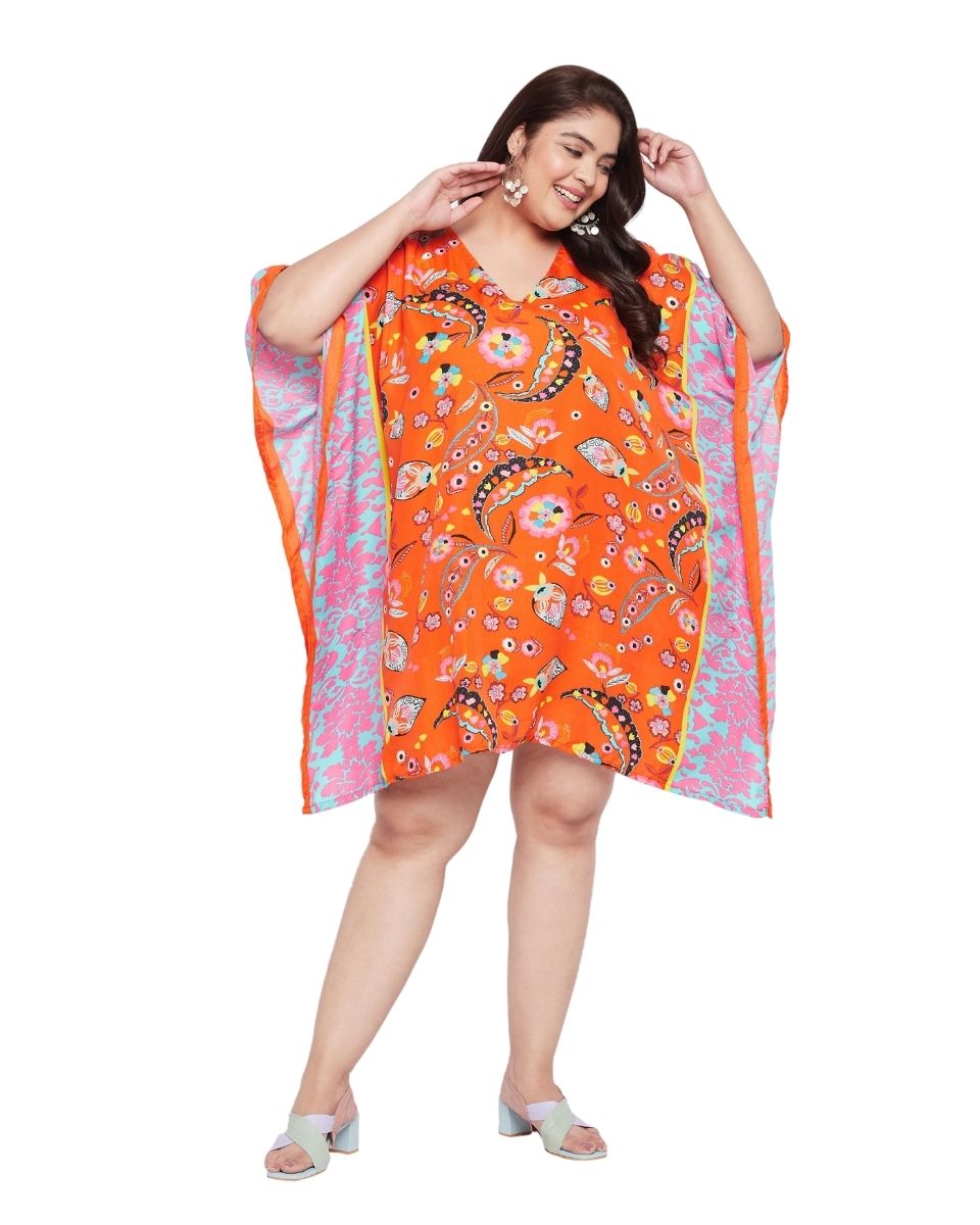 Leaf Printed Orange Polyester Tunic Top for Women