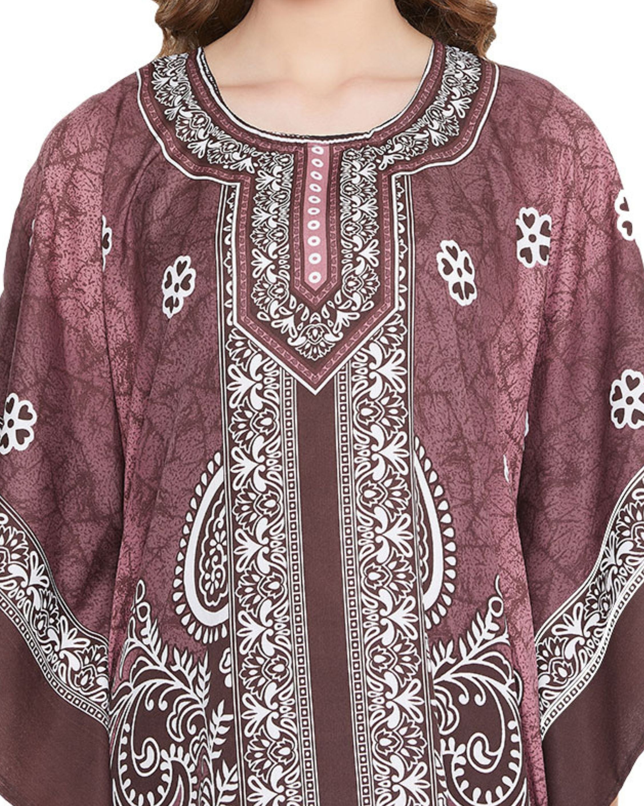 Floral Plus Size Printed Brown Polyester Kaftan Dress For Women