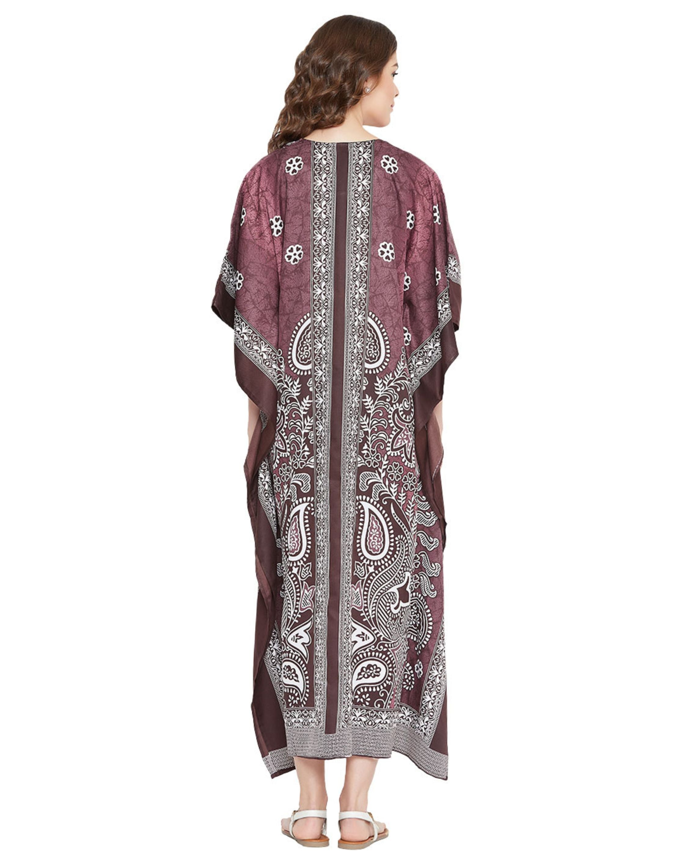 Floral Plus Size Printed Brown Polyester Kaftan Dress For Women