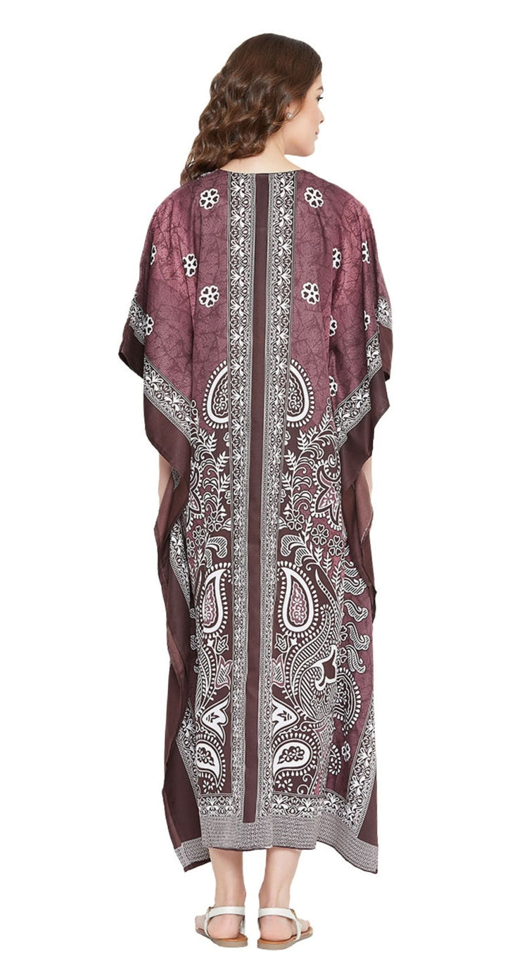 Brown polyester plus size kaftan with paisley bandana scroll print and embellished neckline — alternate view