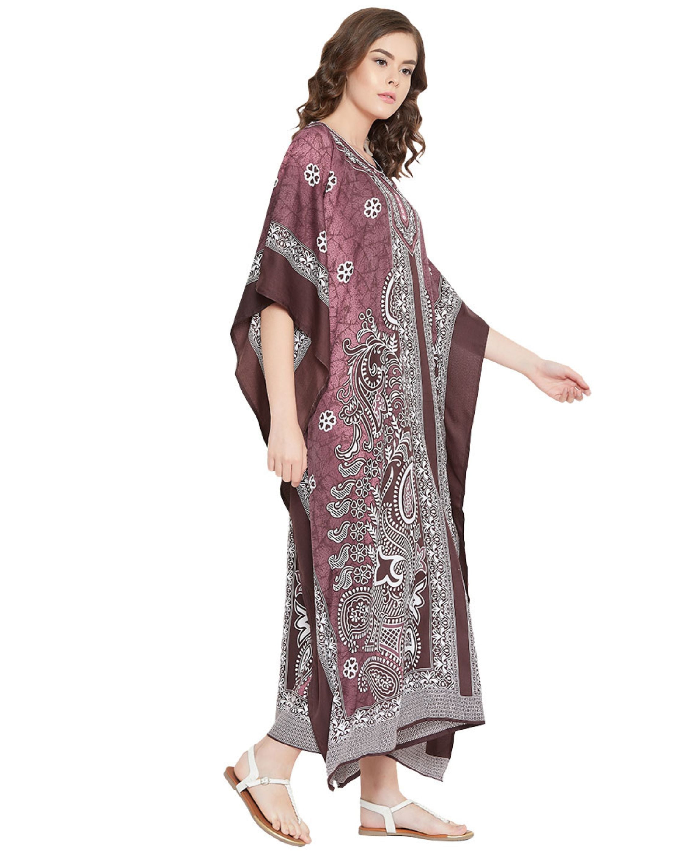 Floral Plus Size Printed Brown Polyester Kaftan Dress For Women