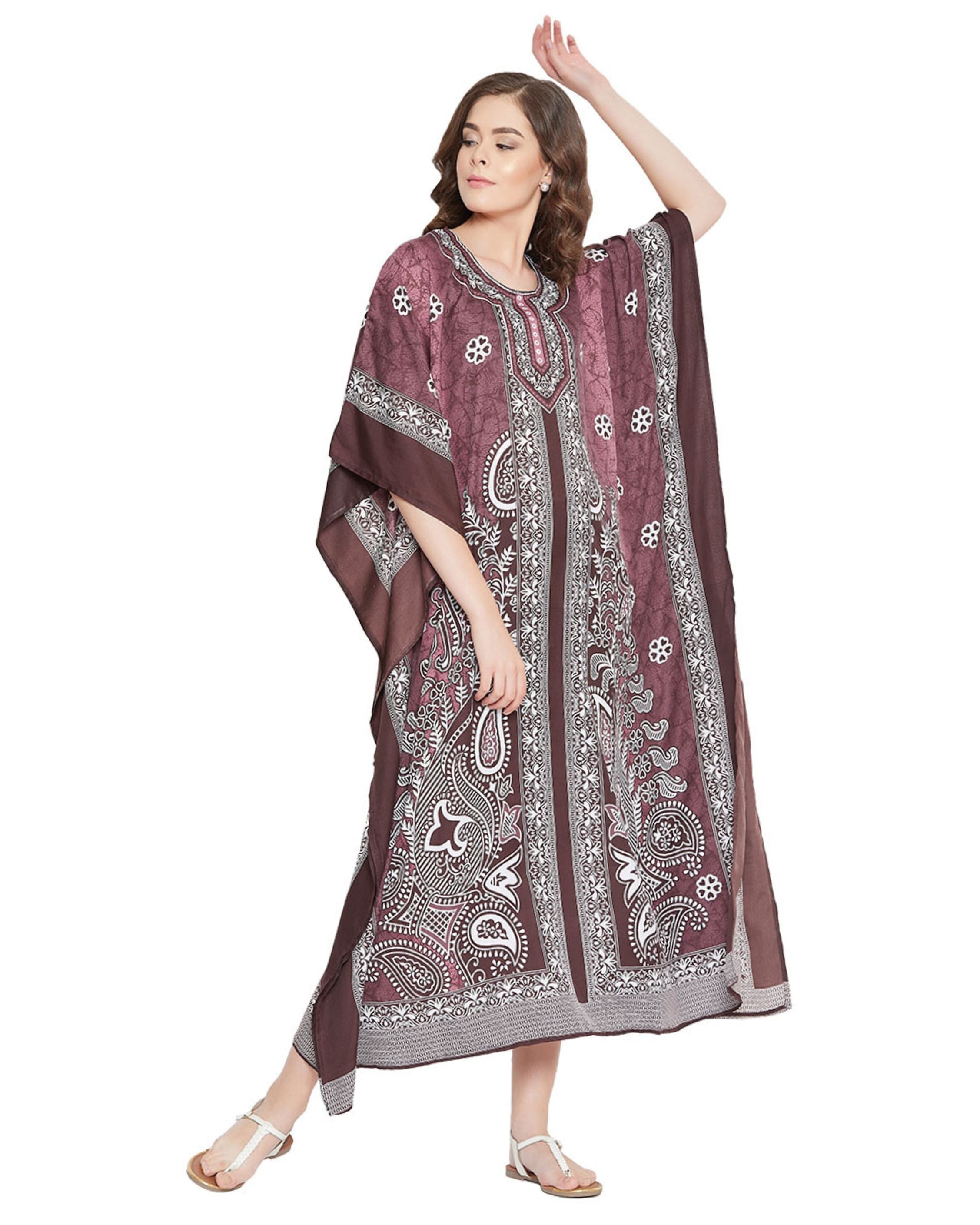 Floral Plus Size Printed Brown Polyester Kaftan Dress For Women