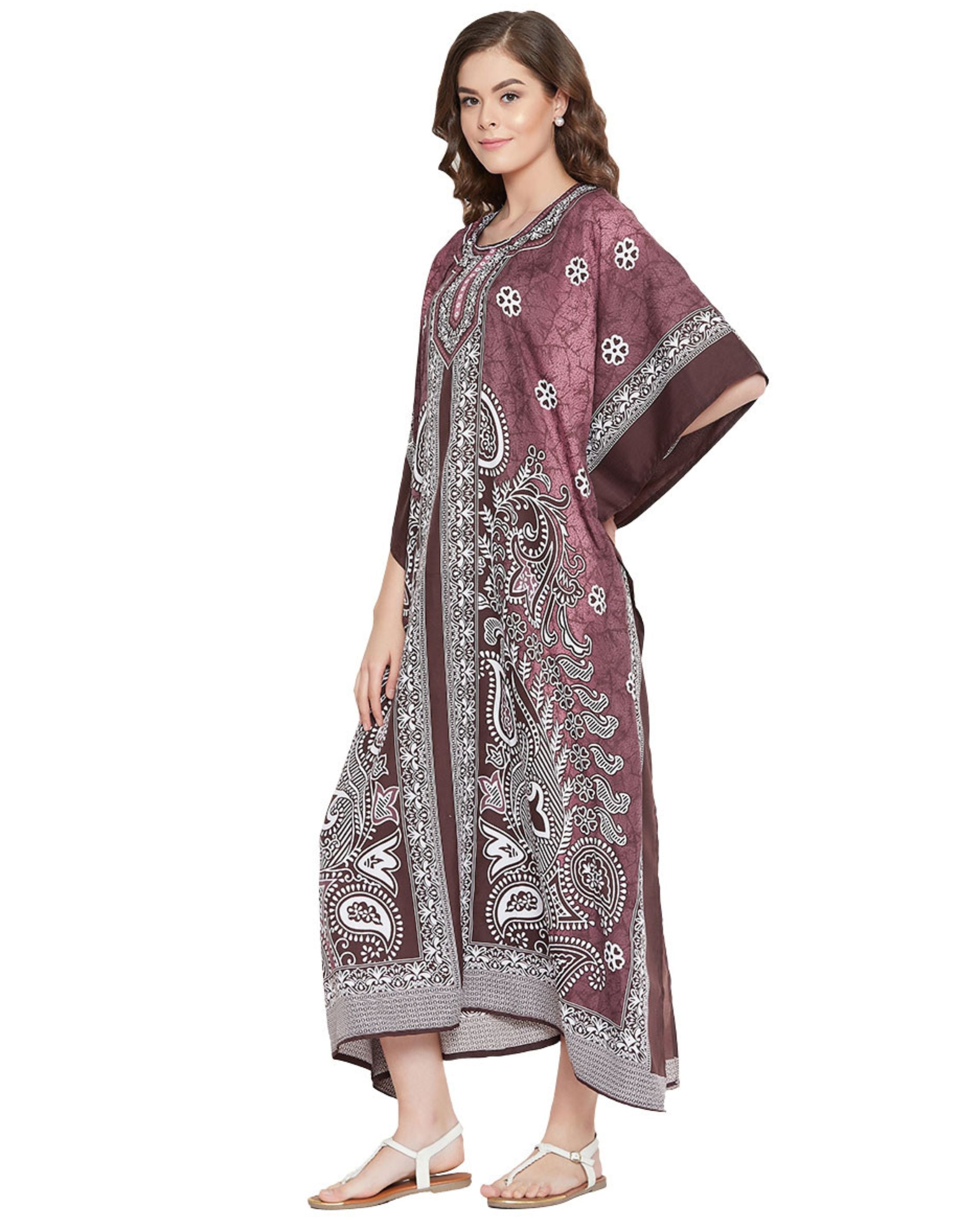 Floral Plus Size Printed Brown Polyester Kaftan Dress For Women