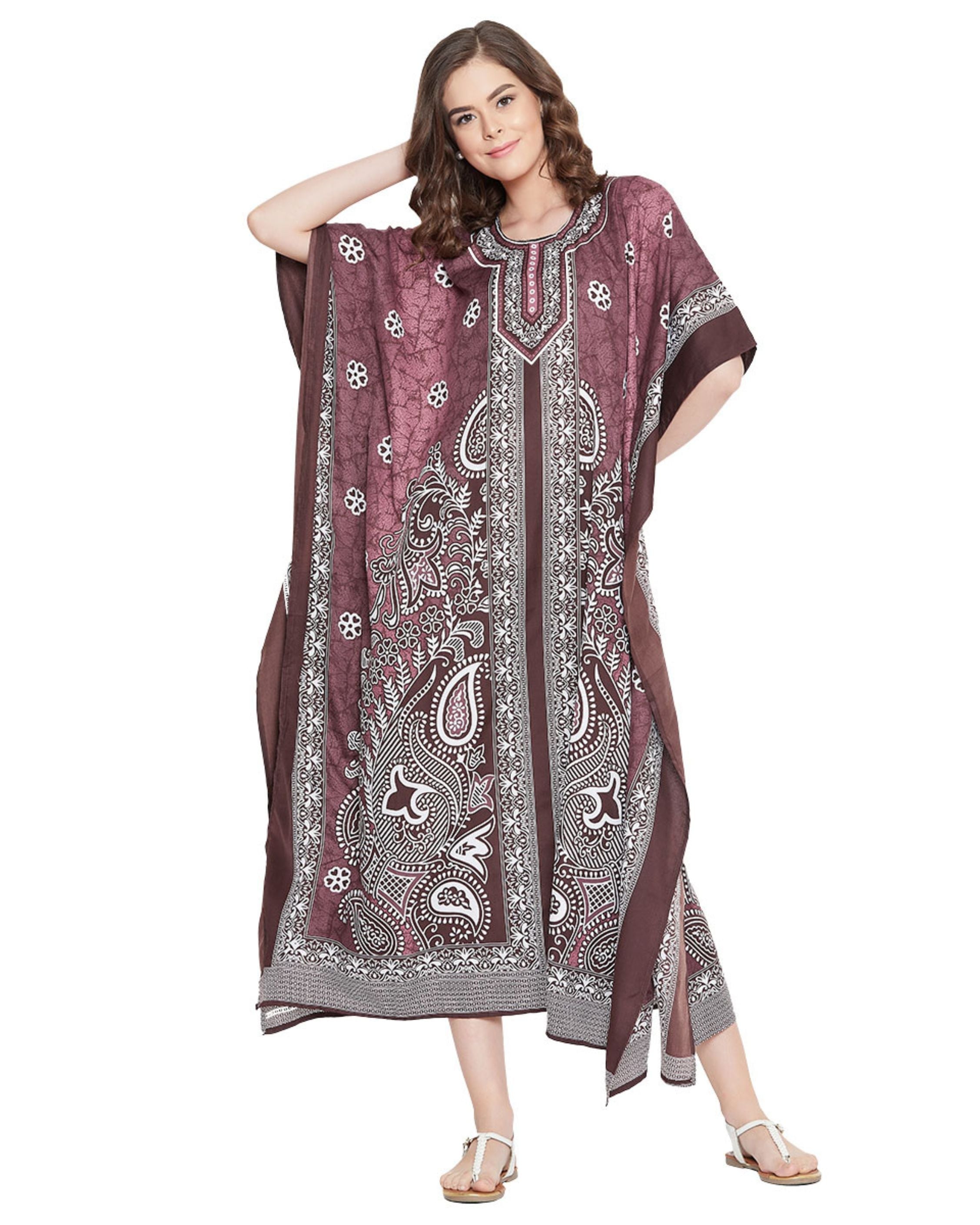 Floral Plus Size Printed Brown Polyester Kaftan Dress For Women