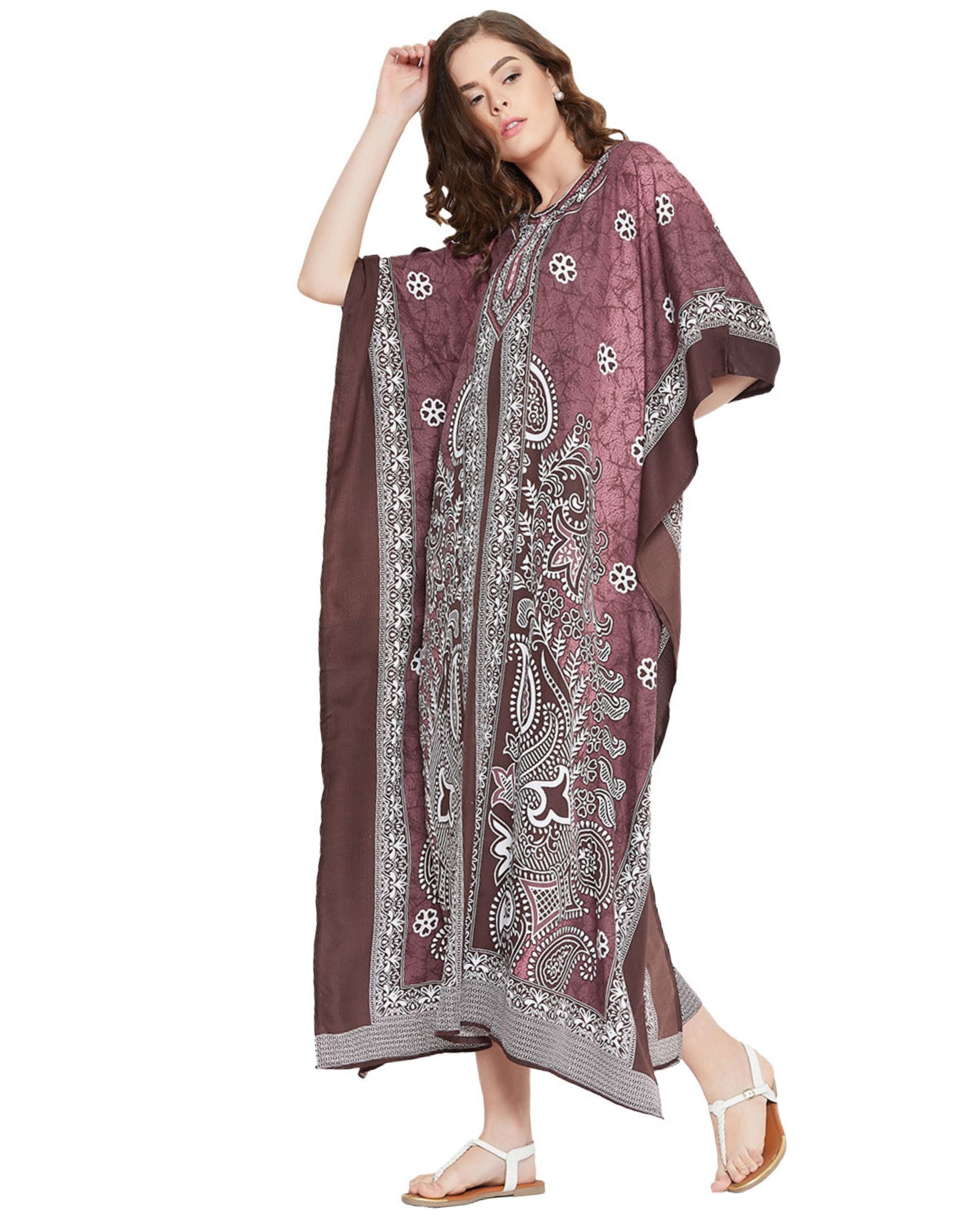 Floral Plus Size Printed Brown Polyester Kaftan Dress For Women