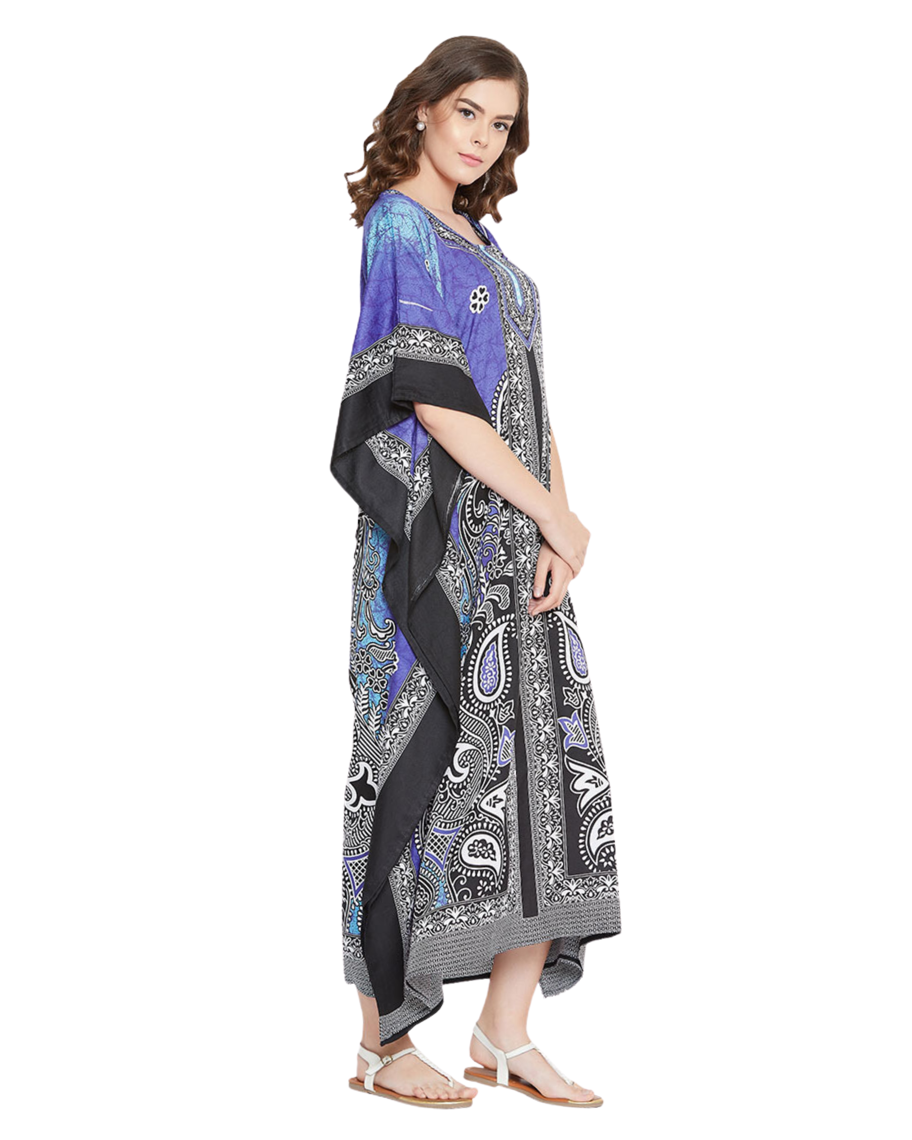 Floral Printed Purple Polyester Plus Size Kaftan Dress For Women