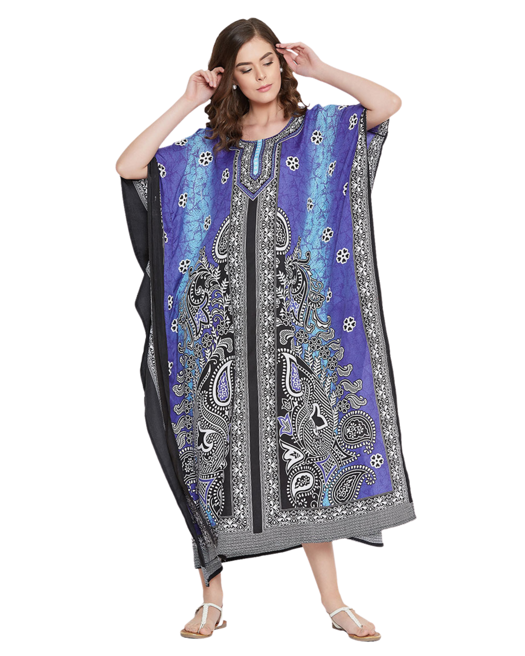 Floral Printed Purple Polyester Plus Size Kaftan Dress For Women