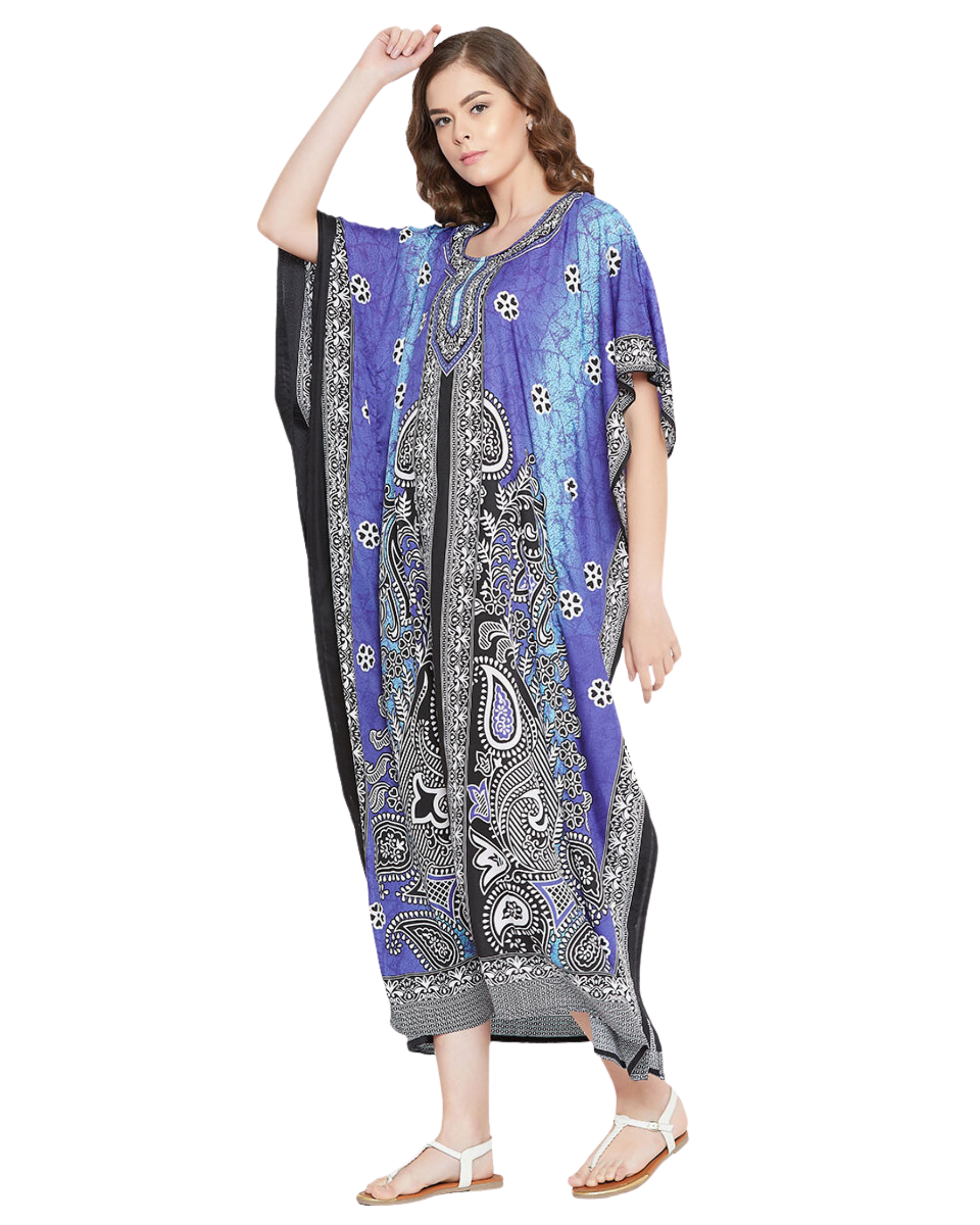 Floral Printed Purple Polyester Plus Size Kaftan Dress For Women