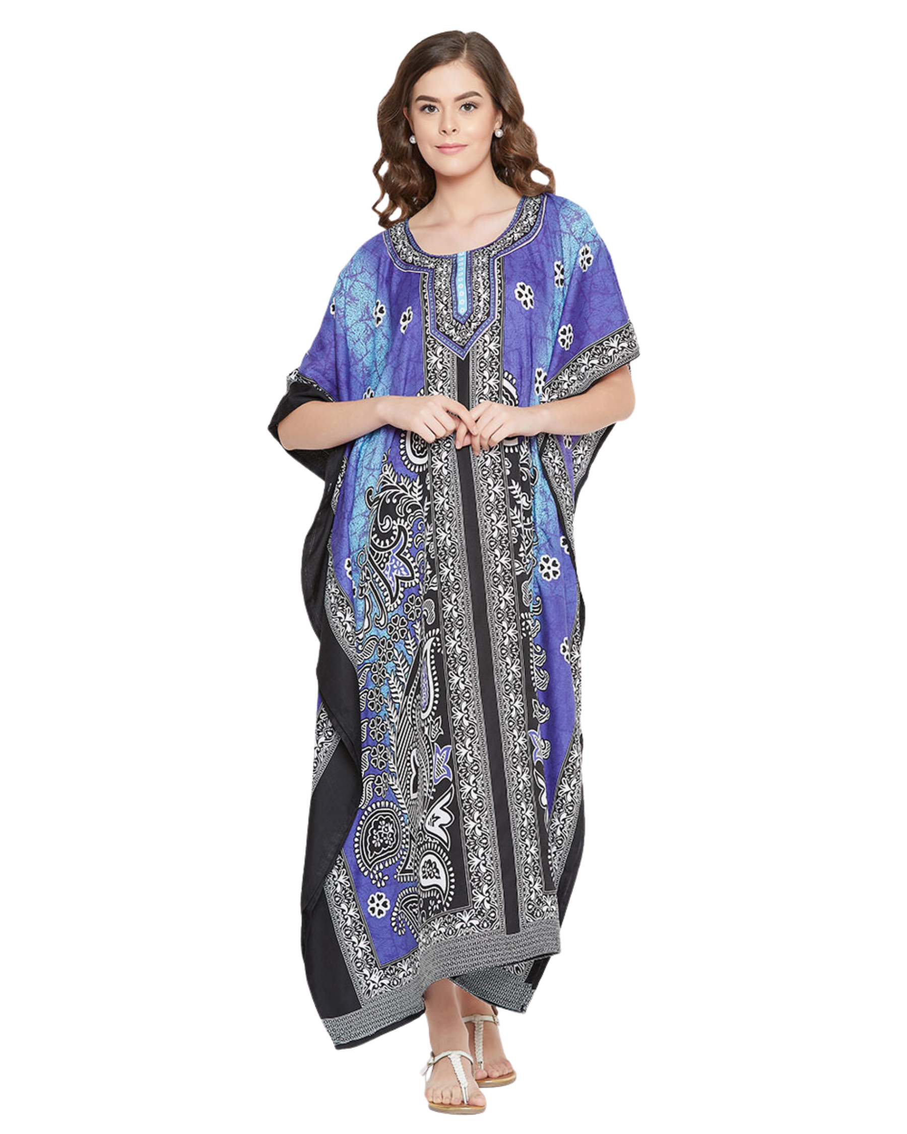 Floral Printed Purple Polyester Plus Size Kaftan Dress For Women