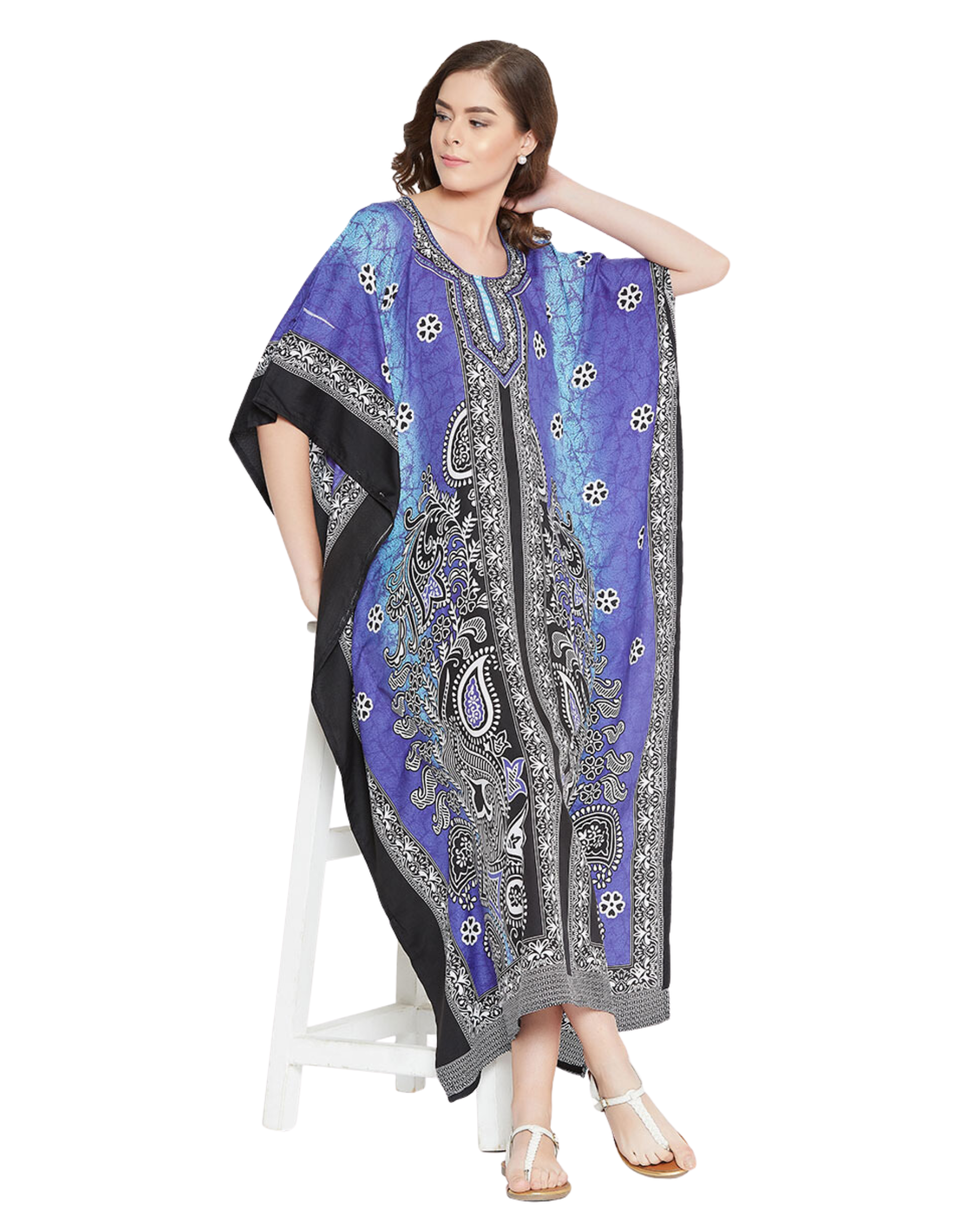 Floral Printed Purple Polyester Plus Size Kaftan Dress For Women