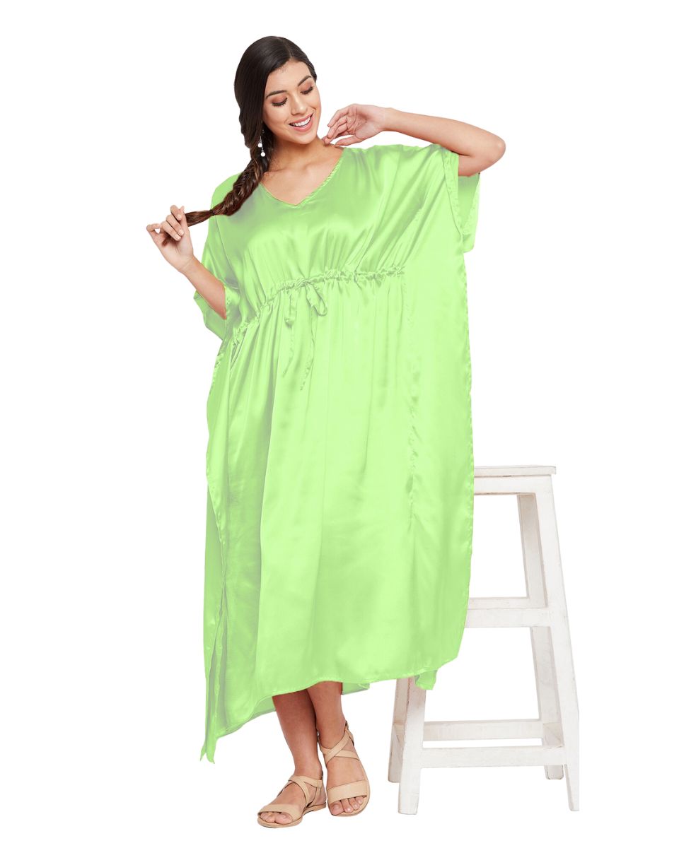 Solid Ambrosia Green Satin Kaftan Dress for Women