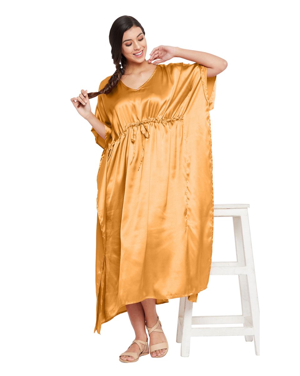 Solid Apricot Tan Satin Kaftan Dress For Plus Size Women