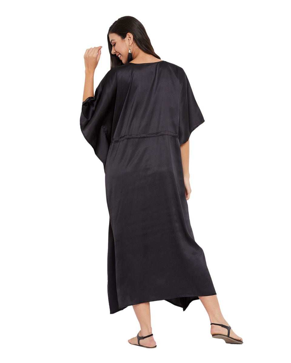 Solid Black Satin Kaftan Dress For Plus Size Women