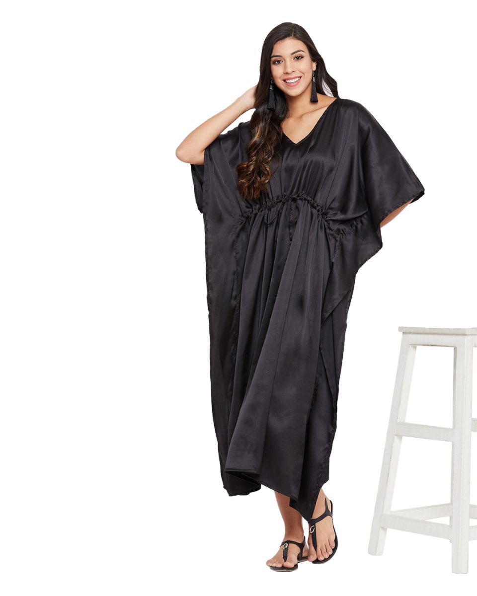 Solid Black Satin Kaftan Dress For Plus Size Women