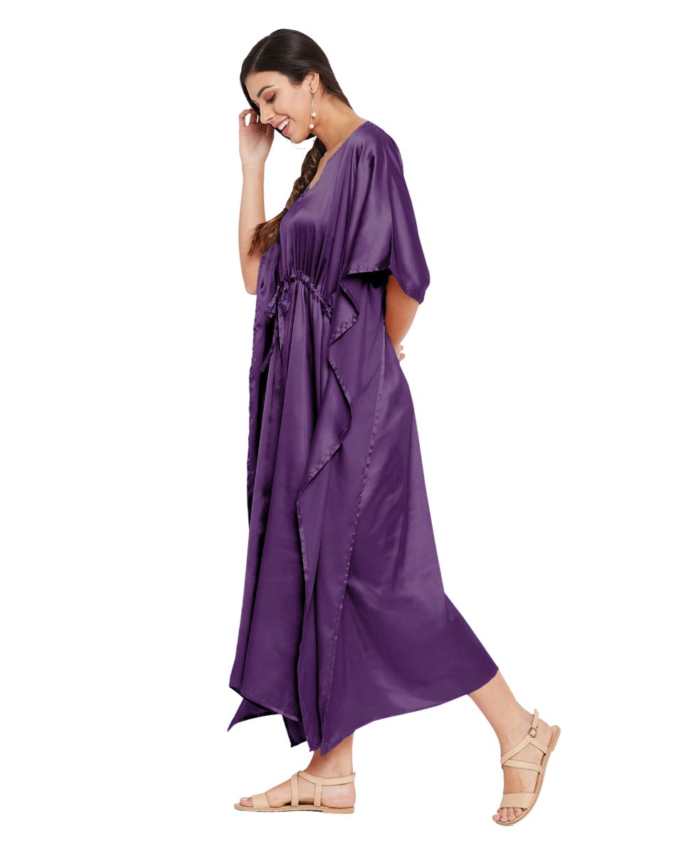 Solid Bordeaux Purple Satin Kaftan Dress for Women