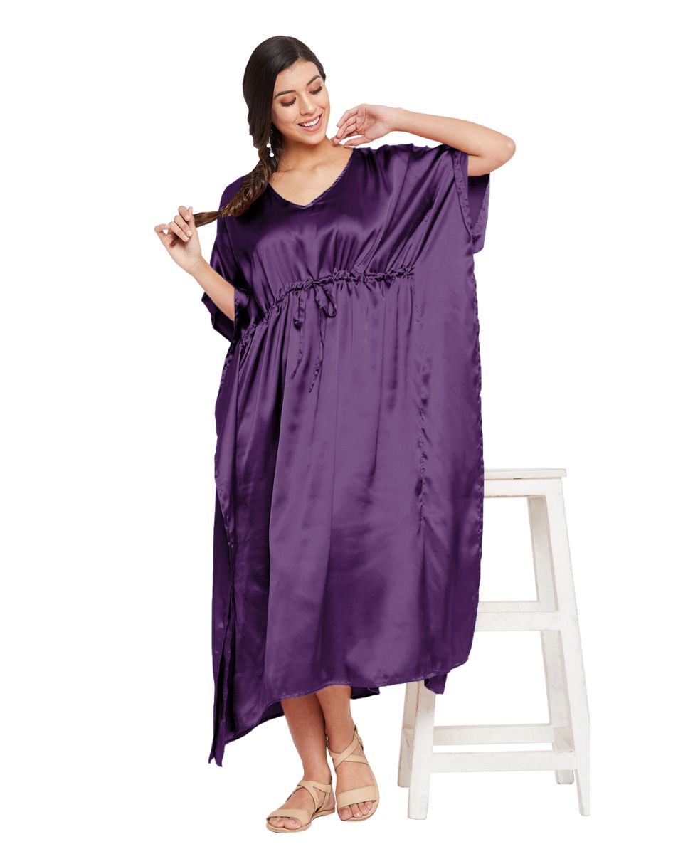 Solid Bordeaux Purple Satin Kaftan Dress for Women