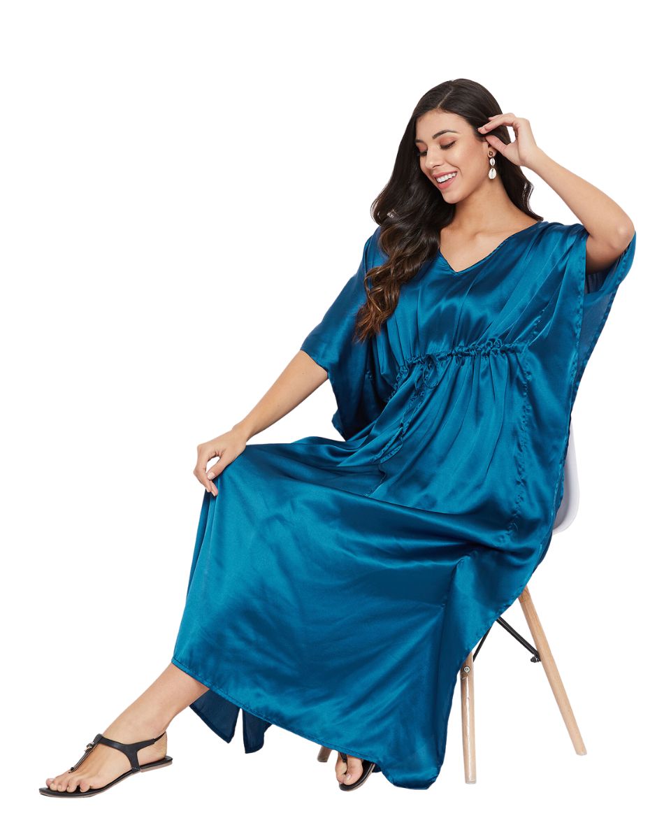 Solid Blue Satin Plus Size Kaftan Dress For Women