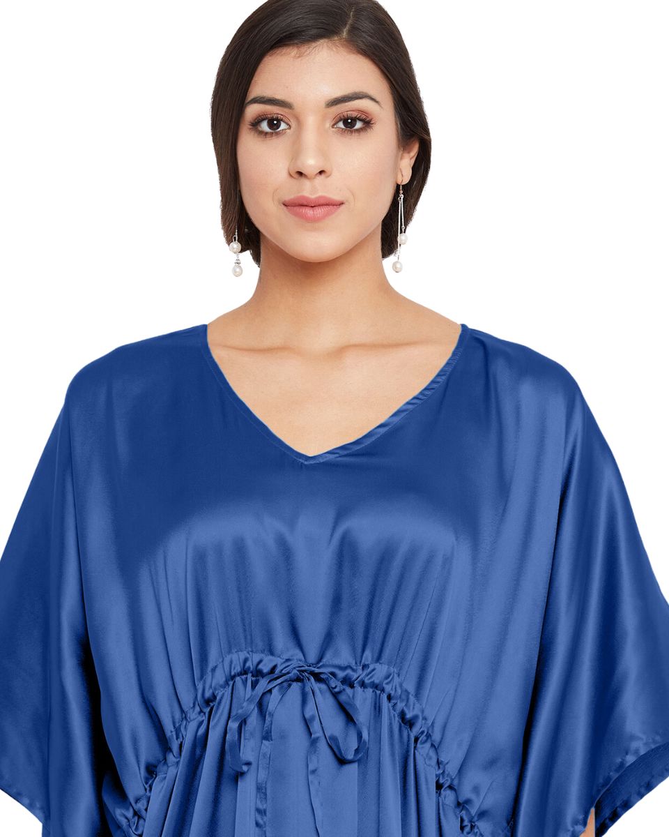 Solid Navy Blue Satin Kaftan Dress for Women