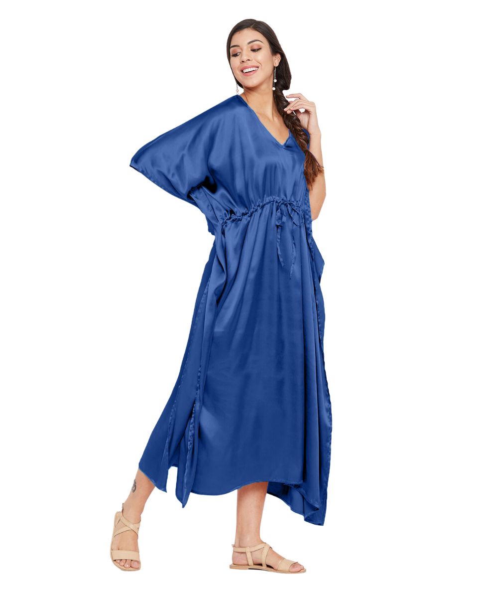 Solid Navy Blue Satin Kaftan Dress for Women