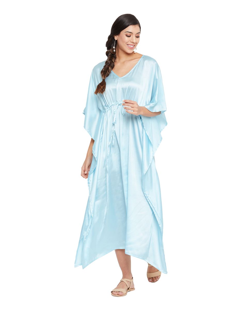 Solid Pastel Blue Satin Kaftan Dress for Women