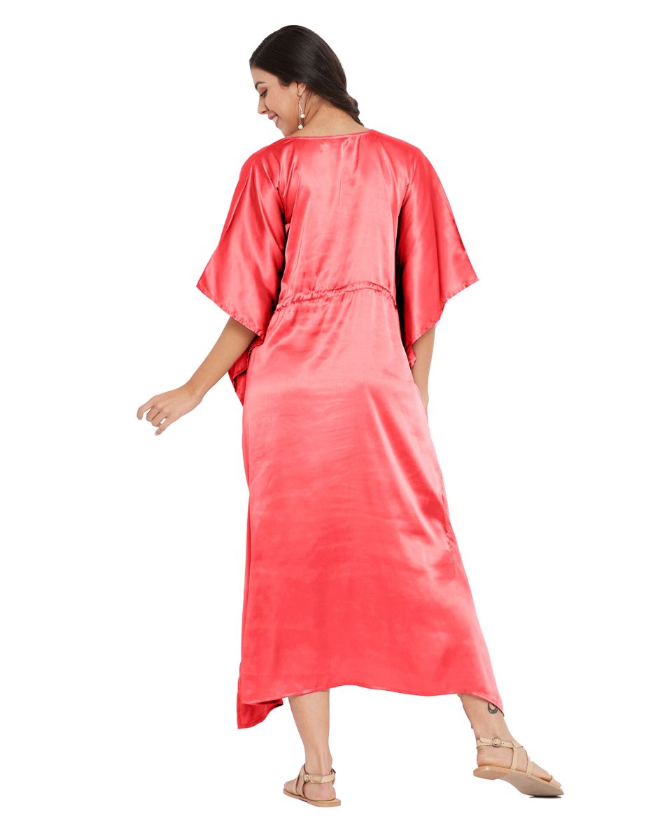 Red Solid Satin Plus Size Kaftan Dress For Women