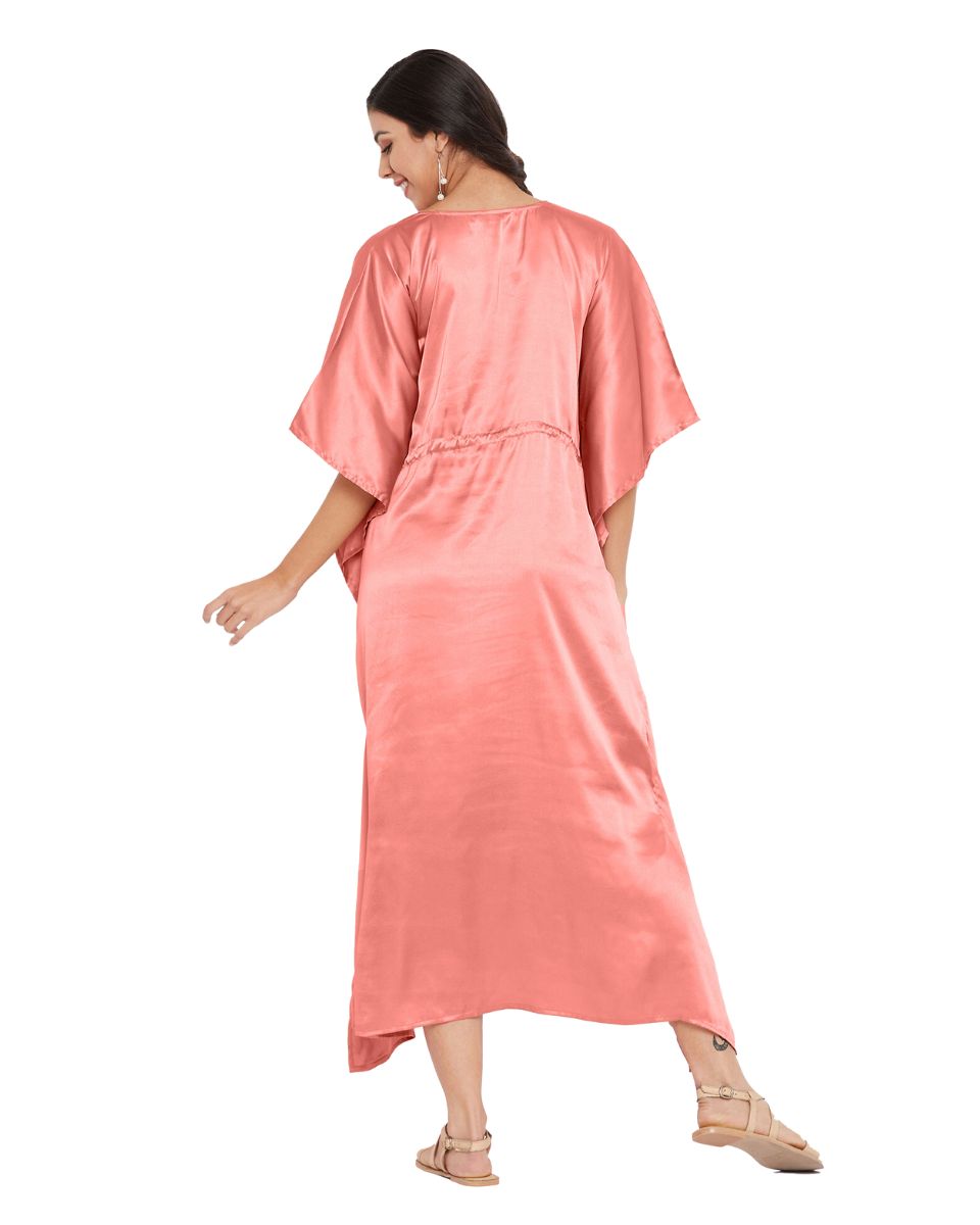 Solid Salmon Rose Satin Kaftan Dress for Women