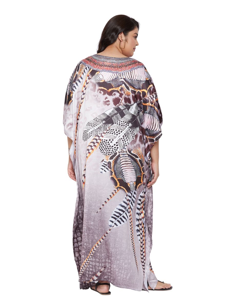 Animal Printeded Brown Satin Kaftan Dress for Women