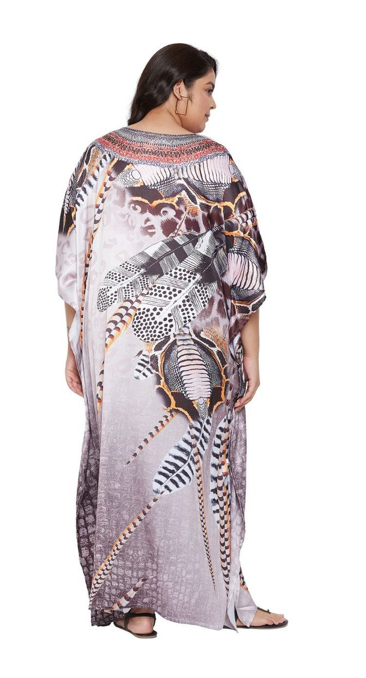 Brown and lilac ombre satin plus size kaftan dress with feather print and embellished neckline — alternate view