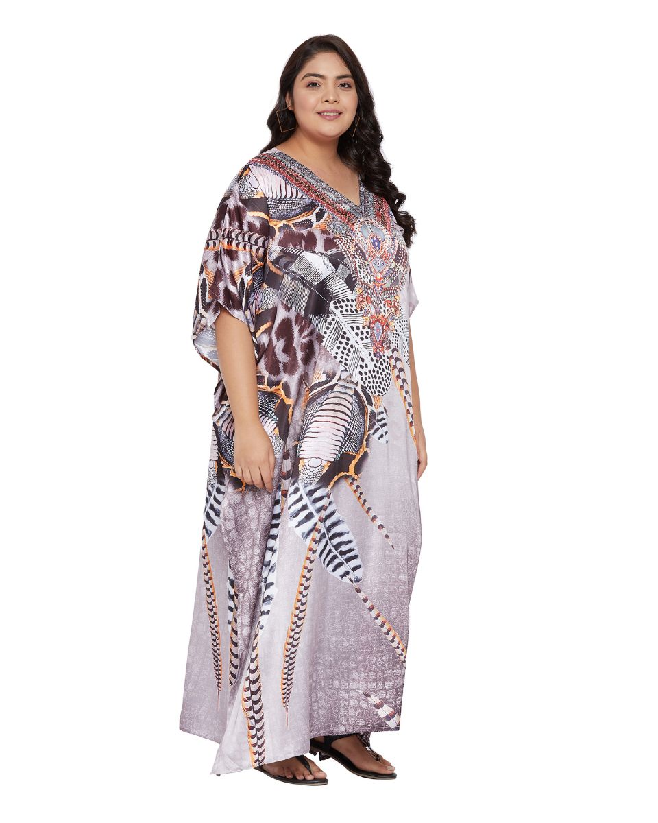 Animal Printeded Brown Satin Kaftan Dress for Women