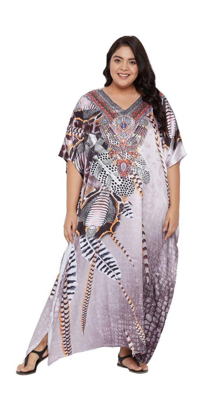 Brown and lilac ombre satin plus size kaftan dress with feather print and embellished neckline