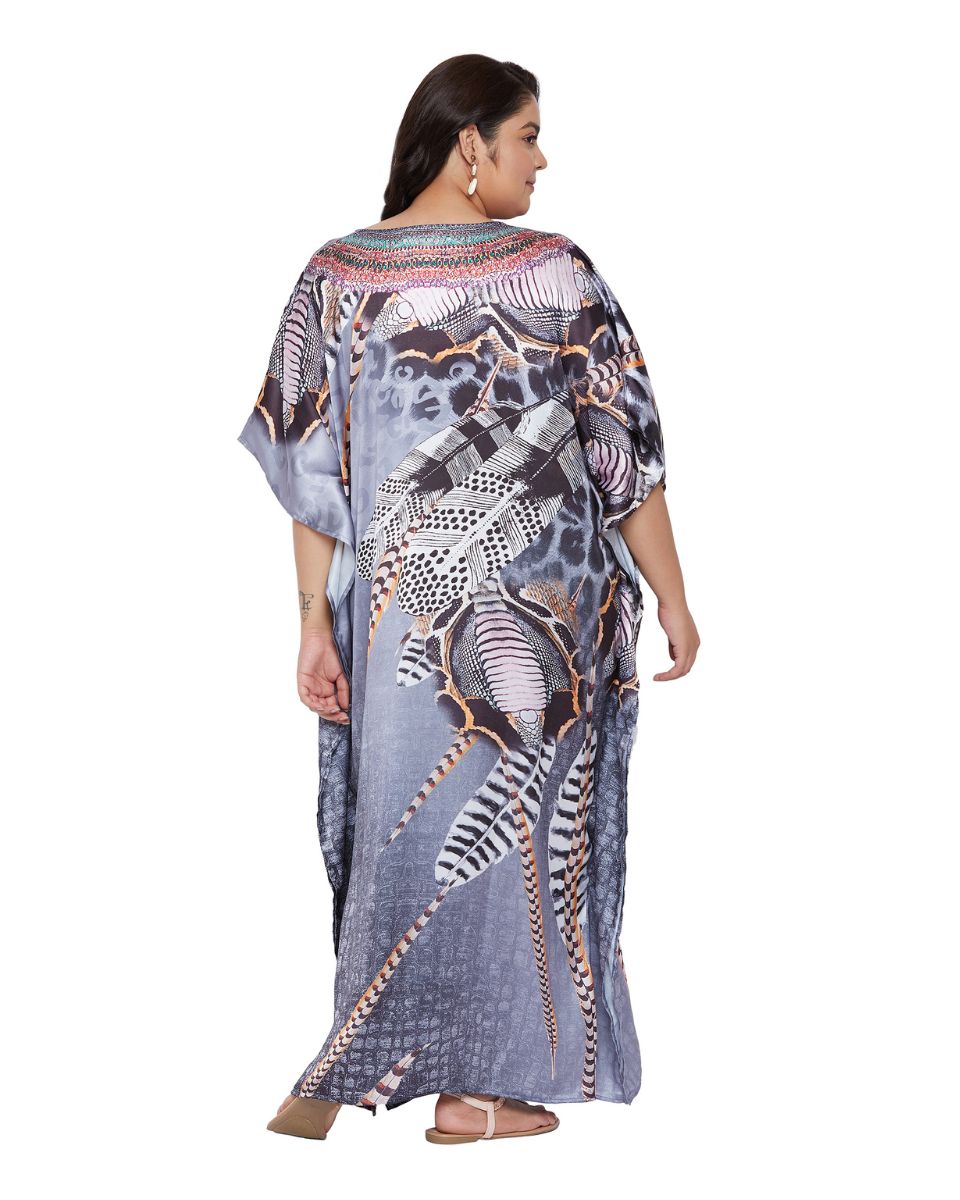 Animal Printeded Gray Satin Kaftan Dress for Women