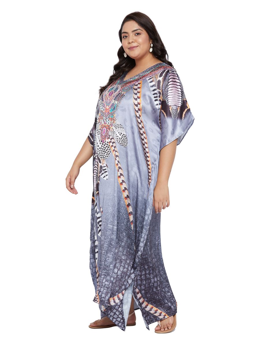 Animal Printeded Gray Satin Kaftan Dress for Women