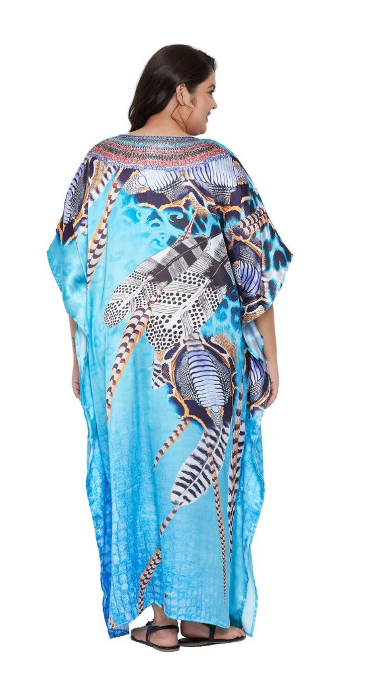 Animal Printed Turquoise Satin Kaftan Plus Size Dress For Women - SKU SG152-2003-TRQ - Gypsie Blu