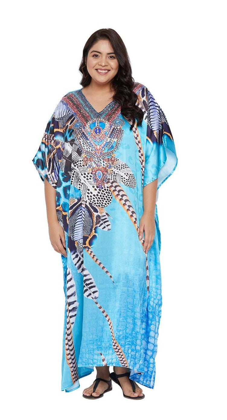 Animal Printed Turquoise Satin Kaftan Plus Size Dress For Women - SKU SG152-2003-TRQ - Gypsie Blu