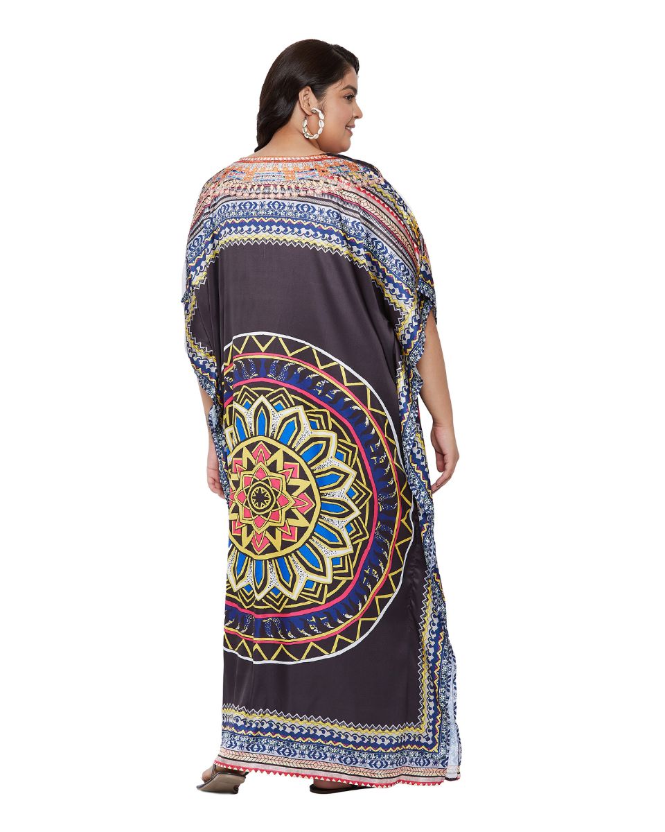 Mandala Printed Black Satin Kaftan Dress for Women