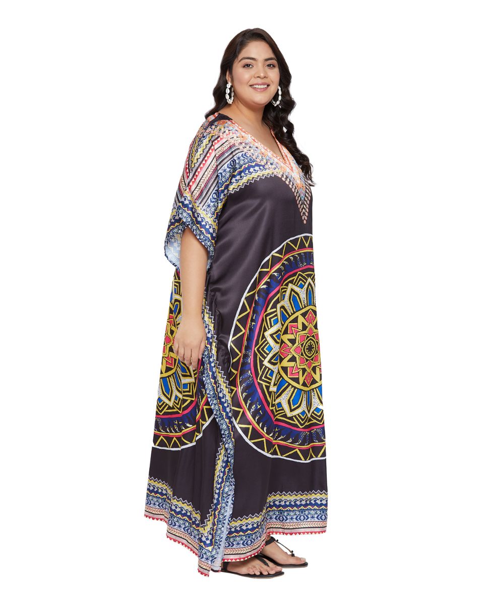 Mandala Printed Black Satin Kaftan Dress for Women