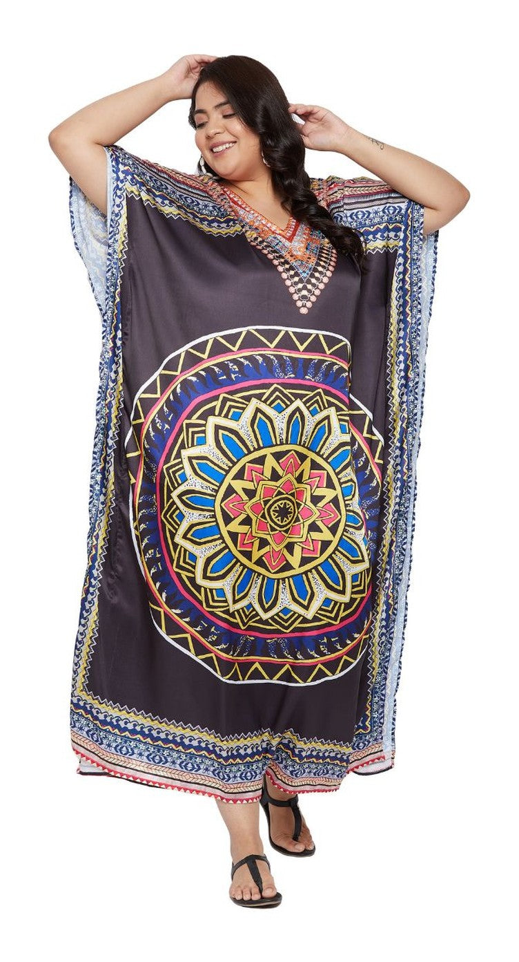 Black satin plus size kaftan dress with gold mandala medallion print and embellished V-neck