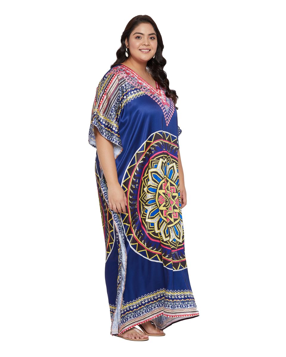 Mandala Printed Navy Blue Satin Kaftan Dress for Women