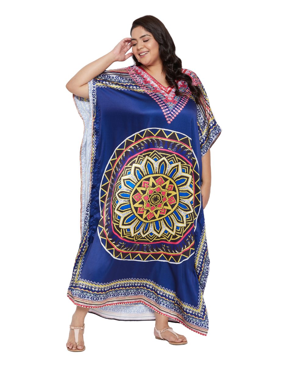 Mandala Printed Navy Blue Satin Kaftan Dress for Women