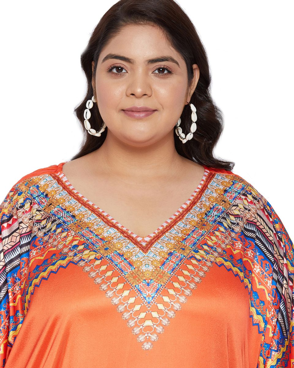 Mandala Printed Orange Satin Kaftan Dress for Women