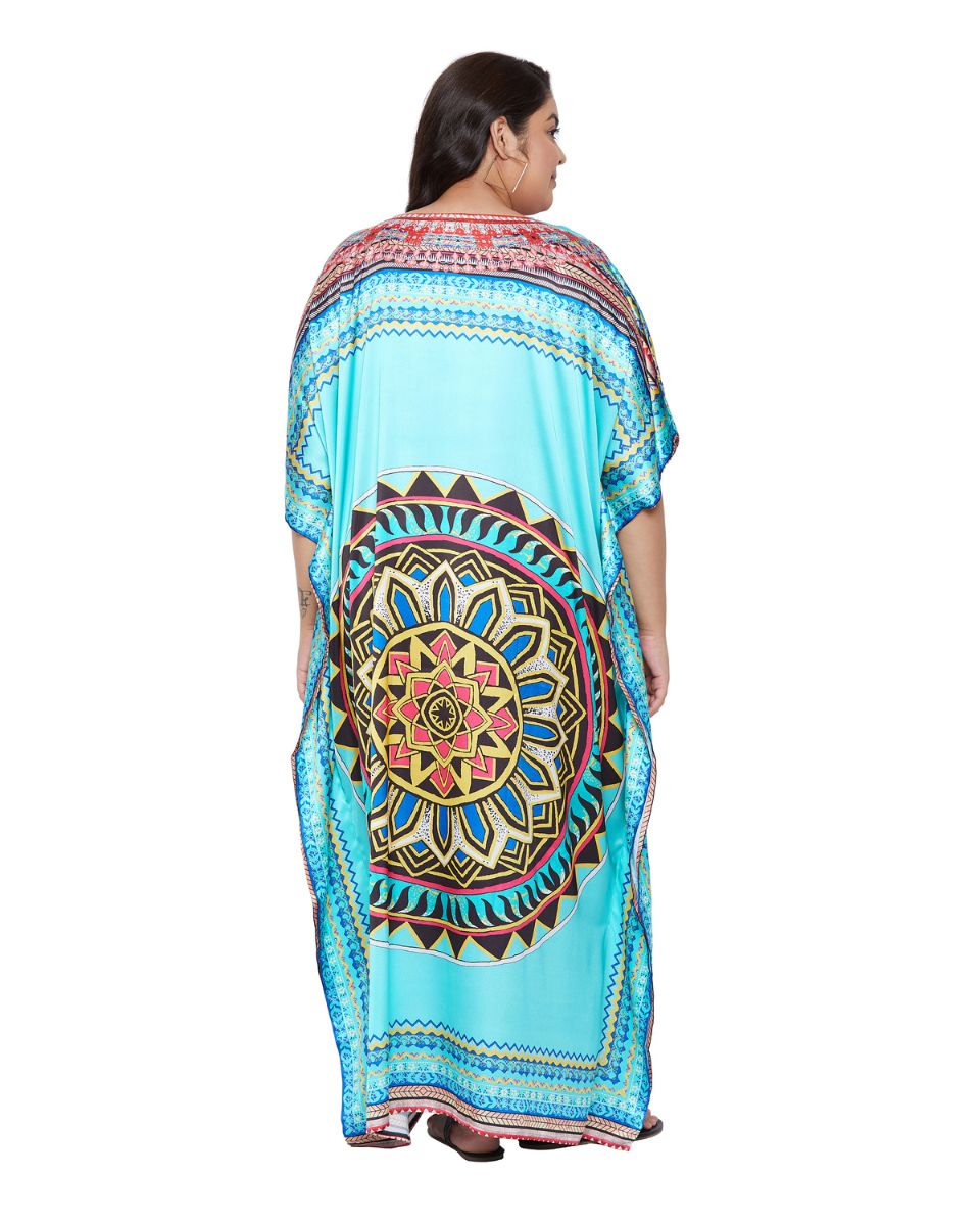 Mandala Printed Turquoise Satin Kaftan Dress for Women