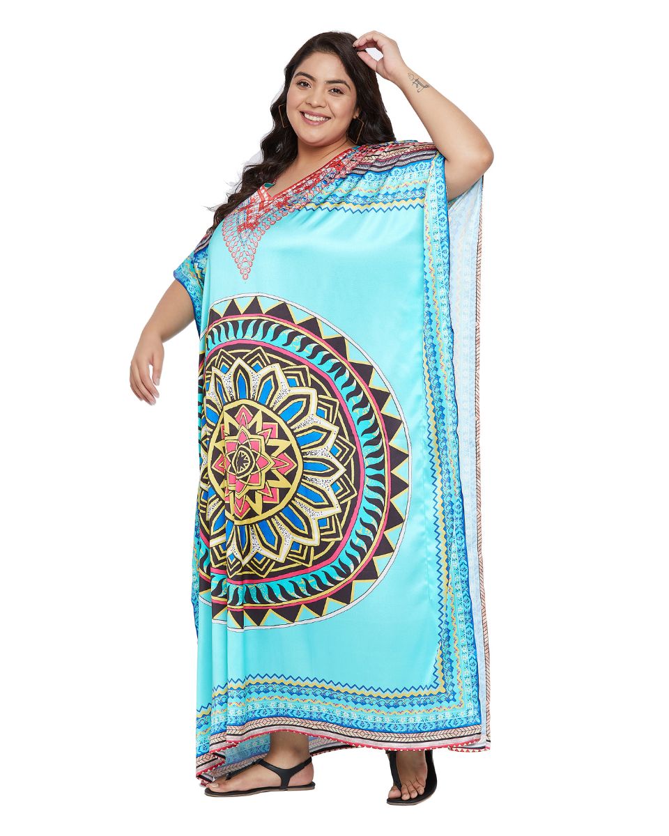 Mandala Printed Turquoise Satin Kaftan Dress for Women