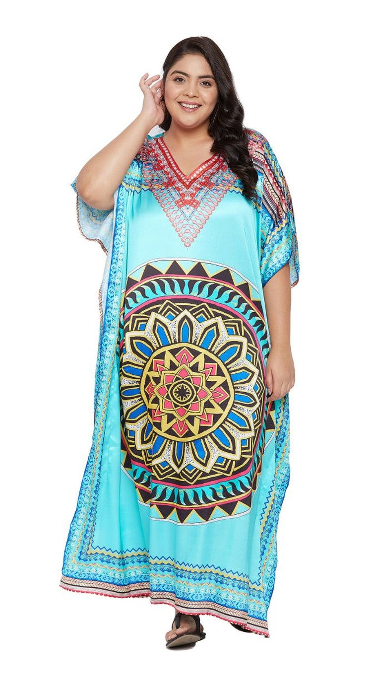 Mandala Printed Turquoise Satin Kaftan Plus Size Dress For Women - SKU SG152-2004-TRQ - Gypsie Blu