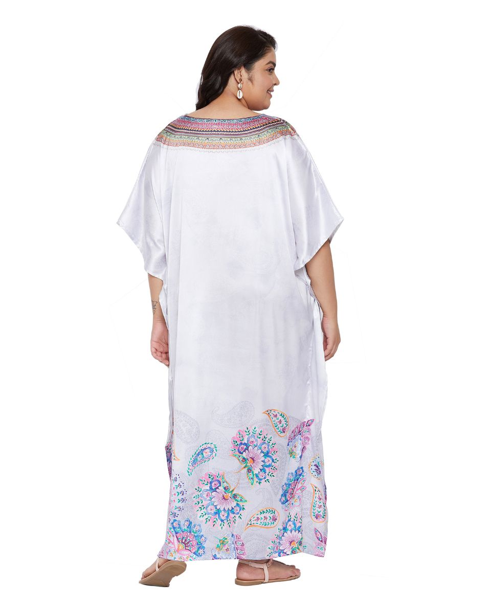 Floral Printed White Satin Kaftan Dress for Women
