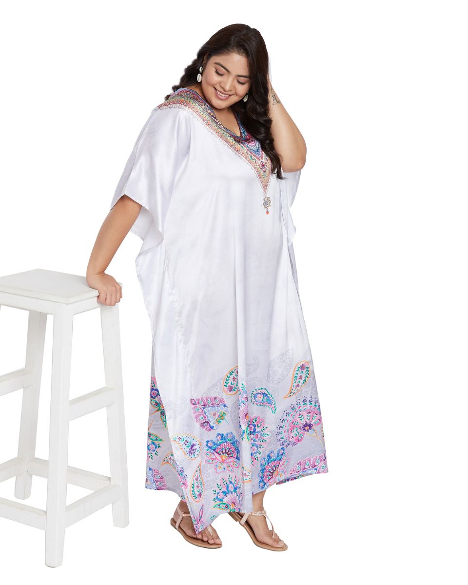Floral Printed White Satin Kaftan Dress for Women