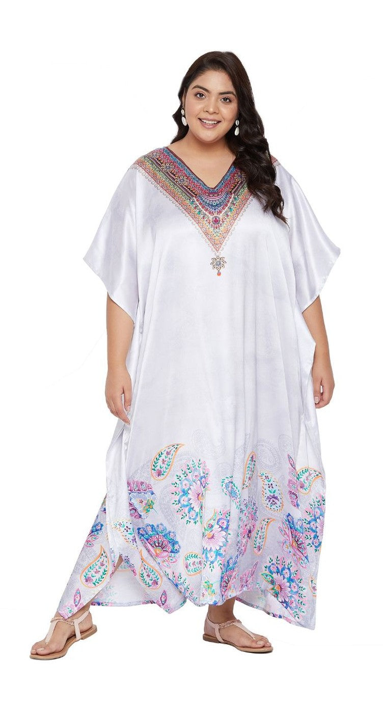 White satin plus size kaftan dress with embellished V-neck and pastel floral border hem